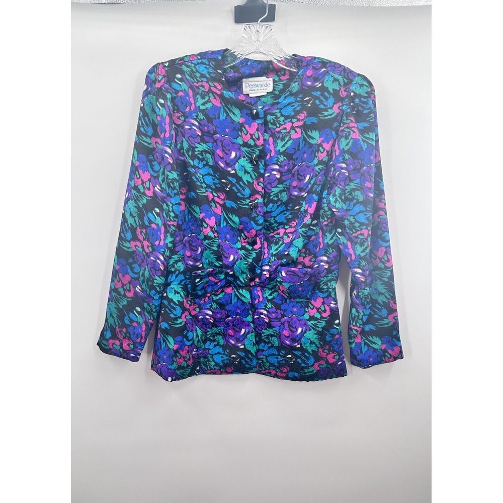Vintage Periwinkle Womens Floral Long Sleeve Button Up Blouse